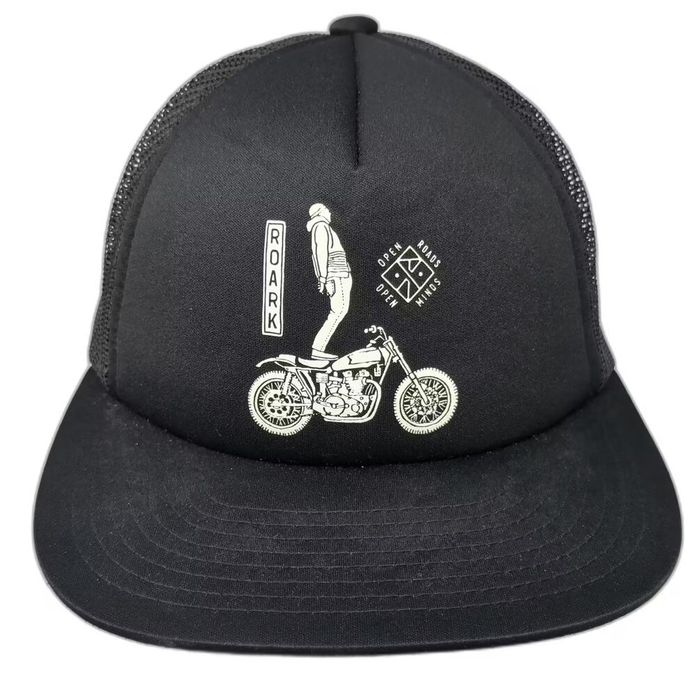 Roark Trucker Hat Black White OS Snapback Open Roads Minds Motorcycle Graphic